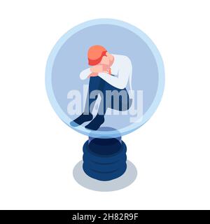 Plat 3d Isométrique homme d'affaires désespéré assis à l'intérieur de l'ampoule.Manque de succès et de concept hors de l'idée. Illustration de Vecteur