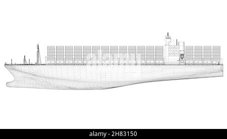 Gros élément filaire de navire avec des conteneurs de lignes noires isolées sur fond blanc.Vue latérale.3D.Illustration vectorielle. Illustration de Vecteur