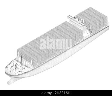 Gros élément filaire de navire avec des conteneurs de lignes noires isolées sur fond blanc.Vue isométrique.3D.Illustration vectorielle. Illustration de Vecteur