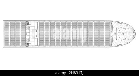 Gros élément filaire de navire avec des conteneurs de lignes noires isolées sur fond blanc.Vue de dessus.3D.Illustration vectorielle. Illustration de Vecteur