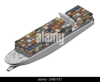 Modèle d'un grand navire blanc chargé de conteneurs colorés isolés sur fond blanc.Vue isométrique.3D.Illustration vectorielle. Illustration de Vecteur
