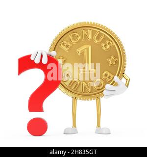 Golden Loyalty Program Bonus pièce personne personnage Mascot avec point d'interrogation rouge signe sur un fond blanc.Rendu 3d Banque D'Images
