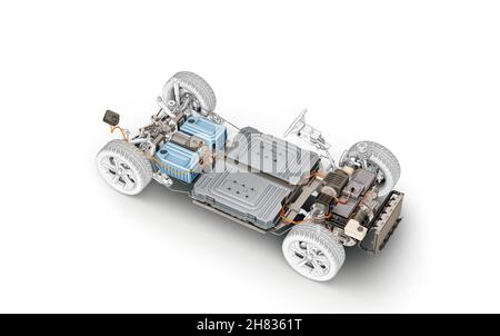 Voiture électrique sous le châssis du chariot.Tous les détails principaux du système EV, sur fond blanc. Banque D'Images
