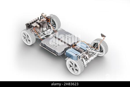 Voiture électrique sous le châssis du chariot.Tous les détails principaux du système EV, sur fond blanc. Banque D'Images