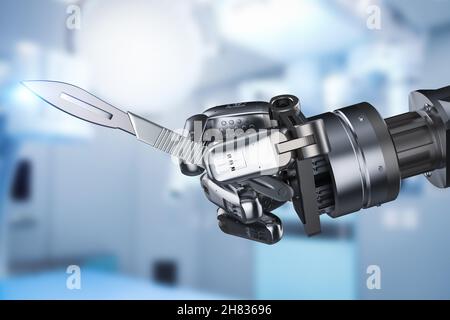 Concept de technologie de chirurgie médicale avec robot de rendu 3d main tenant scalpel ou couteau de chirurgie isolé sur blanc Banque D'Images