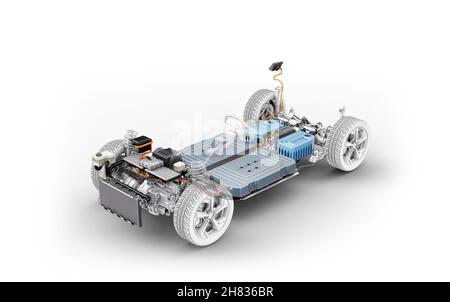 Voiture électrique sous le châssis du chariot.Tous les détails principaux du système EV, sur fond blanc. Banque D'Images