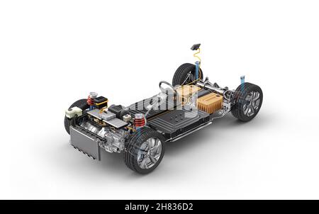 Voiture électrique sous le châssis du chariot.Tous les détails principaux du système EV, sur fond blanc. Banque D'Images