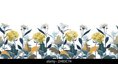Motif fleuri vectoriel sans couture, bordure.Belles fleurs et pétales d'orange, d'olive et de jaune avec des brindilles et des feuilles vertes, bleues et grises. Illustration de Vecteur