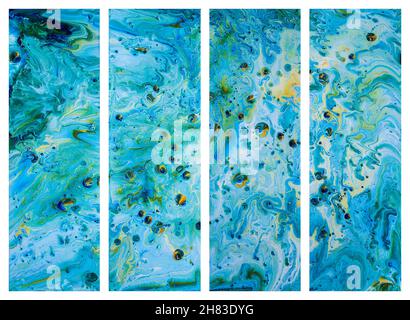Peinture acrylique abstraite faite à la main en bleu et ocre.Technique de couleur liquide à écoulement artistique pour l'effet de marbre Banque D'Images