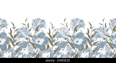 Motif fleuri vectoriel sans couture, bordure.Fleurs bleues et pétales de bindweed avec branches d'olive et feuilles. Illustration de Vecteur