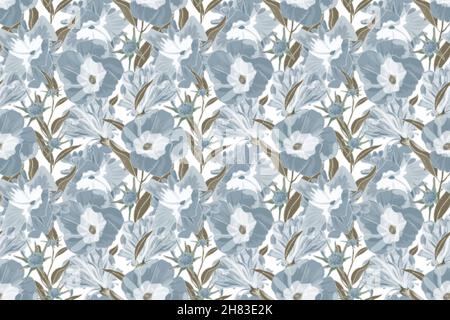 Motif fleuri vectoriel sans coutures.Fleurs bleues et pétales de bindweed avec branches d'olive et feuilles. Illustration de Vecteur