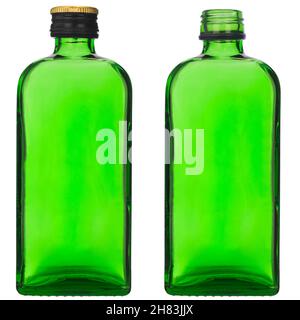 Flacon en verre vert isolé sur fond blanc. Banque D'Images