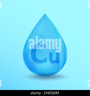 Conception réaliste en cuivre Cu à goutte minérale.Bleu conception de nutrition pour la beauté, cosmétique, la publicité de santé.Cuivre Cu conception minérale Illustration de Vecteur