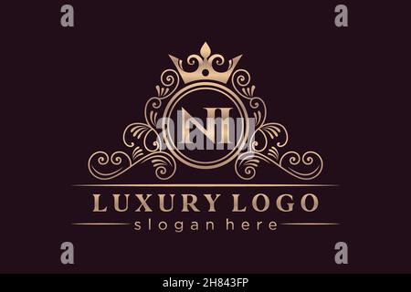 NI lettre initiale or calligraphique féminin floral dessiné à la main heraldique monogramme ancien style vintage luxe logo design Premium Illustration de Vecteur