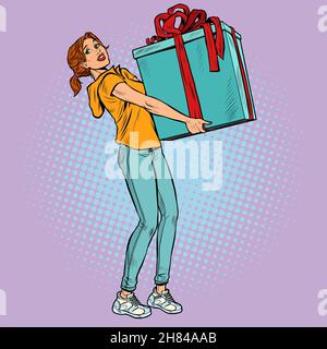 Une jeune femme avec une grande boîte cadeau.Noël ou anniversaire.Surprise Illustration de Vecteur