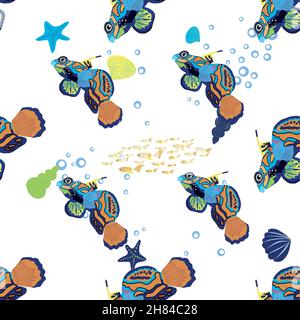 Motifs de poissons mandarins sans coutures. Magnifique caractère parmi les coquillages, les algues, les étoiles de mer, le caractère de la faune d'animaux marins.Nature sous-marine, poissons marins sauvages de zoo d'océan Illustration de Vecteur