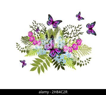 Bouquet de fleurs et de feuilles avec papillons .Orchidée pourpre.Illustration vectorielle Illustration de Vecteur
