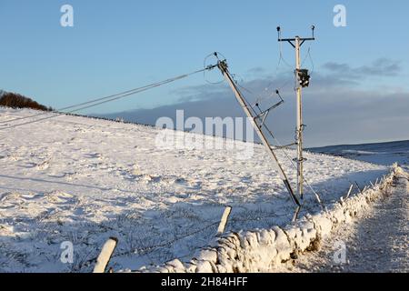 Teesdale, comté de Durham, Royaume-Uni.27 novembre 2021.Météo Royaume-Uni.Après la tempête Arwen a laissé des milliers de personnes sans électricité dans certaines parties du nord de l'Angleterre.Dans Upper Teesdale, les lignes électriques ont été abaies par une combinaison de fortes chutes de neige, de glace et de vents de la force de tempête.Ailleurs dans la région, de fortes chutes de neige ont fermé plusieurs routes.Crédit : David Forster/Alamy Live News Banque D'Images