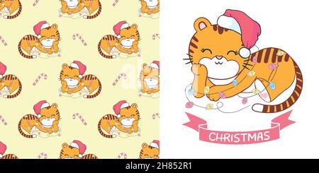Joli tigre vectoriel - père noël avec un chapeau rouge. Bonne Année. Illustration de Vecteur