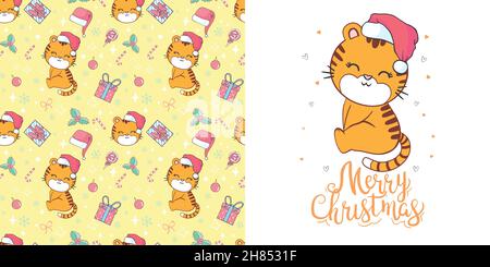 Joli tigre vectoriel - père noël avec un chapeau rouge. Bonne Année. Illustration de Vecteur