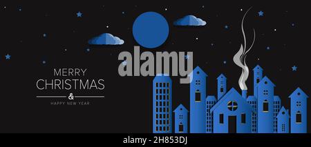 Bannière Joyeux Noël et bonne année.Nuit de Noël ville.Affiche des fêtes, en-tête du site Web, carte de vœux, circulaire. Illustration de Vecteur