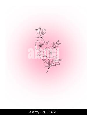 Belle esquisse d'un tatouage - une délicate brindille avec des fleurs .Fleurs Periwinkle.Dessin à la main.Contour.Sur fond blanc Banque D'Images