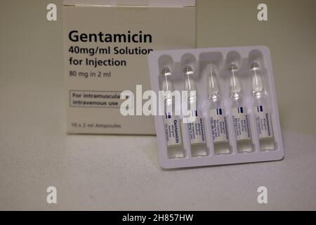 Une boîte et un plateau en plastique contenant des ampoules de Gentamicine 80mg en injection de 2 ml Banque D'Images