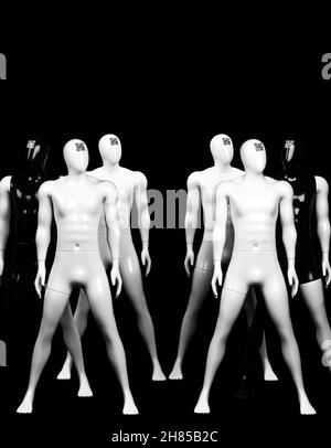 Mannequins noirs et blancs avec un code qr sur le front.Le concept de liberté.Illustration 3D. Banque D'Images