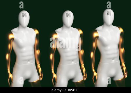 Trois mannequins pour hommes aux mains dorées et un crod qr sur leur front sur fond noir.Illustration 3D. Banque D'Images