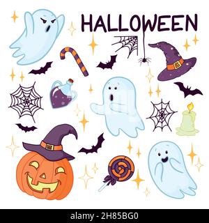 Définissez l'illustration vectorielle de l'original amusant rétro Halloween Trick ou traiter des éléments de design, tels que des citrouilles et bien plus encore.Parfait pour les invitations, les enfants d Illustration de Vecteur
