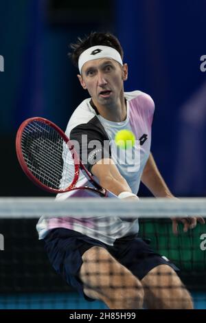 Oslo, Norvège 27 novembre 2021 tennis Davis Cup Norvège contre Ukraine à l'Oslo tennis Arena d'Oslo, Norvège.IIllya Marchenko de l'Ukraine en action pendant son premier jour de partie deux contre Casper Ruud de Norvège crédit: Nigel Waldron/Alay Live News Banque D'Images