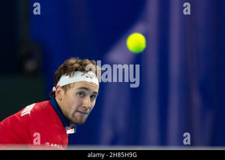 Oslo, Norvège 27 novembre 2021 tennis Davis Cup Norvège contre Ukraine à l'Oslo tennis Arena d'Oslo, Norvège.Casper Ruud de la Norvège regarde pendant son premier jour rond deux match contre Iillya Marchenko de l'Ukraine Credit: Nigel Waldron/Alay Live News Banque D'Images