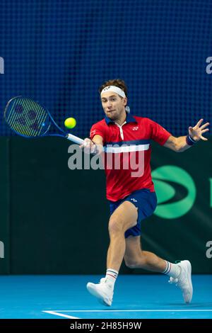 Oslo, Norvège 27 novembre 2021 tennis Davis Cup Norvège contre Ukraine à l'Oslo tennis Arena d'Oslo, Norvège.Casper Ruud de la Norvège en action pendant son premier jour rond deux match contre Iillya Marchenko de l'Ukraine Credit: Nigel Waldron/Alay Live News Banque D'Images