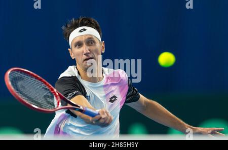 Oslo, Norvège 27 novembre 2021 tennis Davis Cup Norvège contre Ukraine à l'Oslo tennis Arena d'Oslo, Norvège.IIllya Marchenko de l'Ukraine en action pendant son premier jour de partie deux contre Casper Ruud de Norvège crédit: Nigel Waldron/Alay Live News Banque D'Images