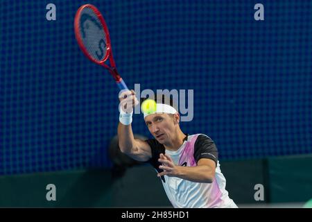 Oslo, Norvège 27 novembre 2021 tennis Davis Cup Norvège contre Ukraine à l'Oslo tennis Arena d'Oslo, Norvège.IIllya Marchenko de l'Ukraine en action pendant son premier jour de partie deux contre Casper Ruud de Norvège crédit: Nigel Waldron/Alay Live News Banque D'Images