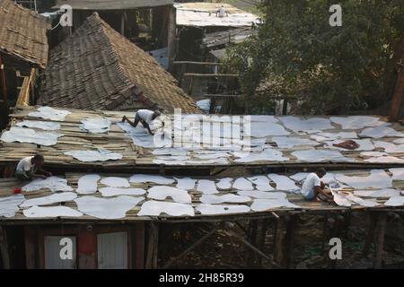 Kolkata, Inde.27 novembre 2021.Les travailleurs traitent les cuirs de vache dans une tannerie de Kolkata.(Photo de Sudipta Das/Pacific Press) crédit: Pacific Press Media production Corp./Alay Live News Banque D'Images