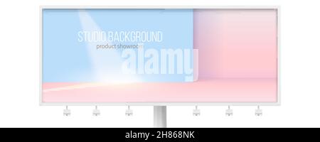 Panneau d'affichage avec studio pour l'affichage des produits.Rayon de lumière sur le mur bleu.Arrière-plan géométrique. Illustration de Vecteur