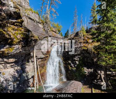 Baring Creek traverse Baring Falls, parc national des Glaciers, Montana, États-Unis Banque D'Images