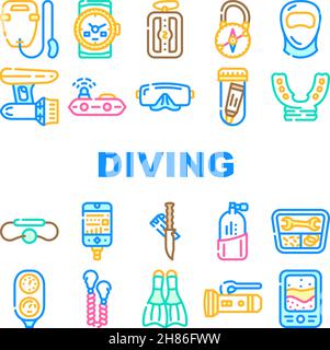 Équipement de plongée et accessoires Icons Set Vector Illustration de Vecteur