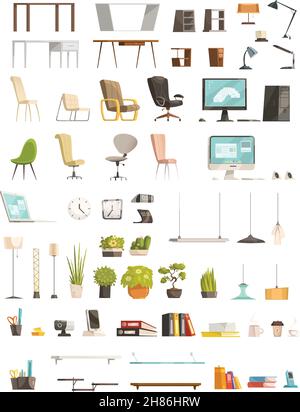 Moderne mobilier de bureau organisateurs et accessoires haut design tendances caricatures stile icônes collection d'objets illustration vectorielle isolée Illustration de Vecteur