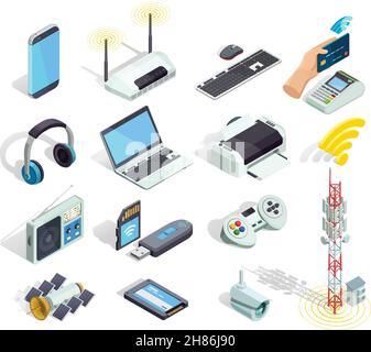 Technologie de connexion sans fil de gadgets électroniques et les appareils de collecte des icônes isométrique avec routeur imprimante et clavier isolé vector illustration Illustration de Vecteur