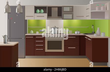 Intérieur de cuisine coloré entièrement équipé dans un style moderne avec vert illustration vectorielle de portes en bois et en couleur Illustration de Vecteur