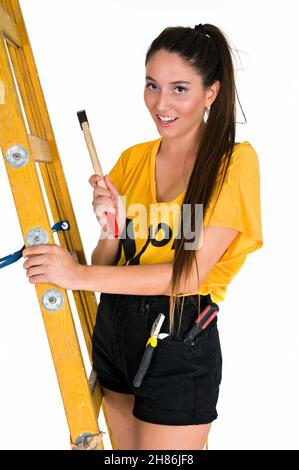 Bricolage Jeune femme sur escabeau faire quelques améliorations à la maison Banque D'Images