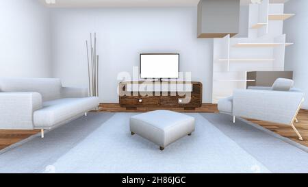 Maquette Smart TV sur armoire en bois dans un salon blanc moderne vide. 3d rendu Banque D'Images