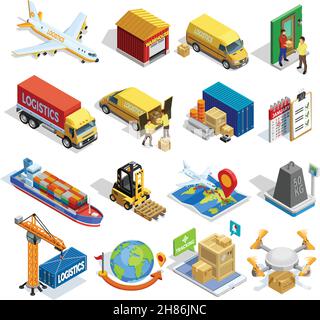 Ensemble d'icônes isométriques de logistique de différents véhicules de distribution de transport et illustration vectorielle isolée des éléments de transmission Illustration de Vecteur