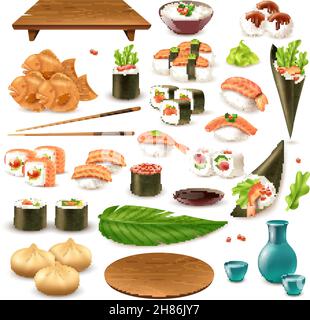 Ensemble de plats japonais comprenant sushi, saké, riz dans un bol, boulettes, wasabi, illustration vectorielle isolée de sauce soja Illustration de Vecteur