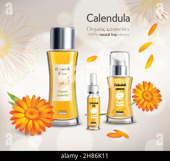 Cosmétiques biologiques produits de soin de la peau affiche publicitaire réaliste avec extrait de calendula illustration du vecteur de fond essence lotion et huile Illustration de Vecteur