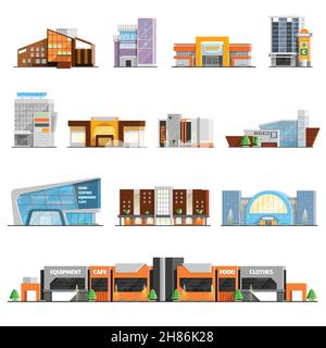 Le centre commercial construit des icônes orthogonales avec café et vêtements symboles illustration vectorielle isolée plate Illustration de Vecteur