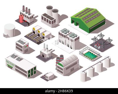 Ensemble isométrique coloré avec divers bâtiments d'usine isolés sur blanc illustration vectorielle 3d d'arrière-plan Illustration de Vecteur