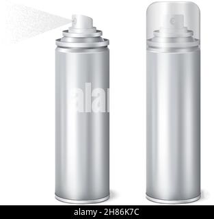 Aluminium aérosol 2 brillant réaliste maquettes de boîtes avec illustration du vecteur de pulvérisation sur le bouchon et retiré Illustration de Vecteur